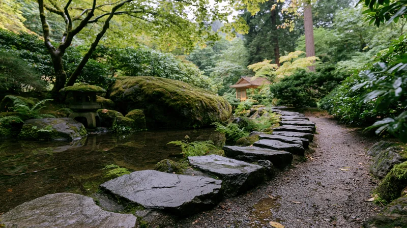Stone stepping path curving alongside a narrow still-water pond in a lush green Japanese garden