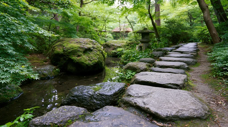 Stone stepping path alongside a narrow stream in a lush green garden