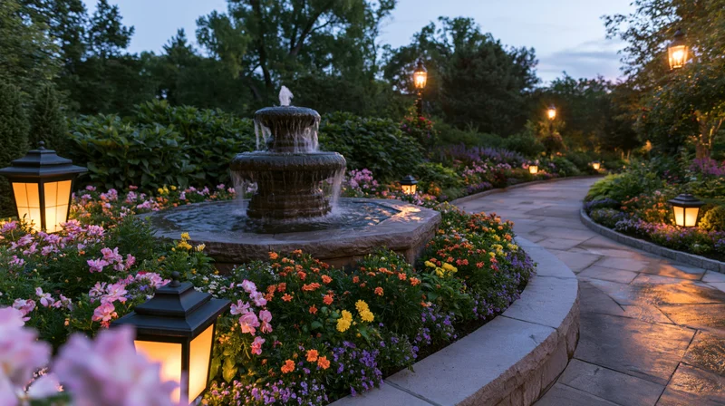 Stone tiered fountain surrounded by colorful flowers and garden lamps along a curved pathway at dusk