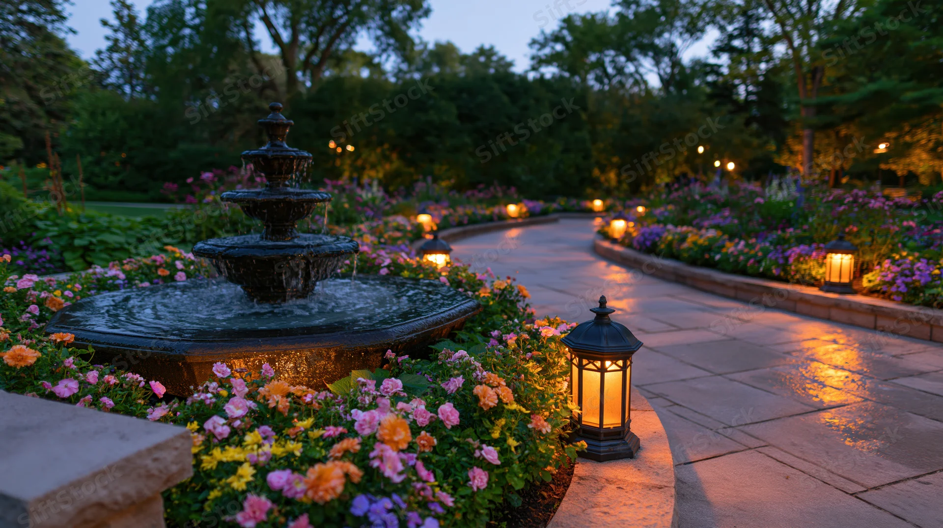 Tiered stone fountain with water flowing, surrounded by blooming flowers and illuminated lanterns along a paved garden path at twilight