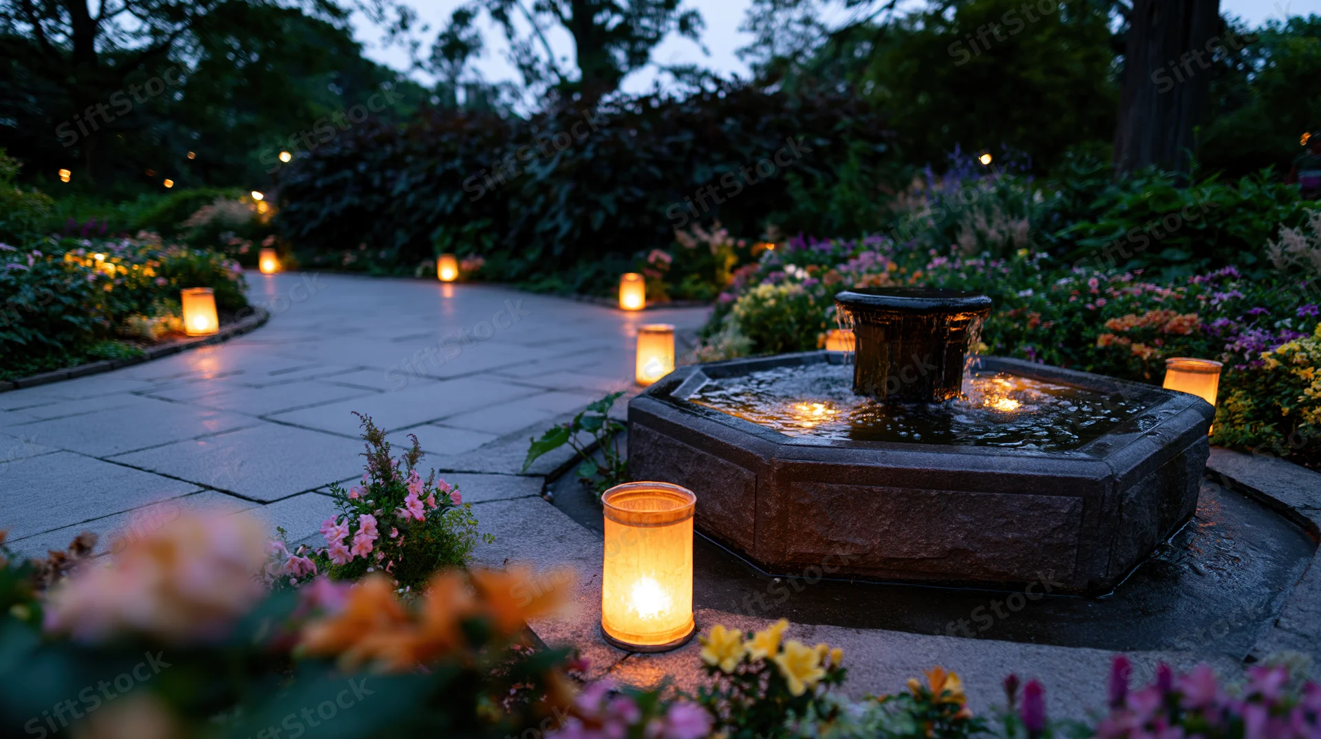 Stone fountain with water flowing at dusk in a garden surrounded by flowers and candles on a paved path