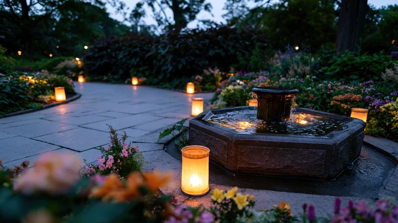 Stone fountain with water flowing at dusk in a garden surrounded by flowers and candles on a paved path