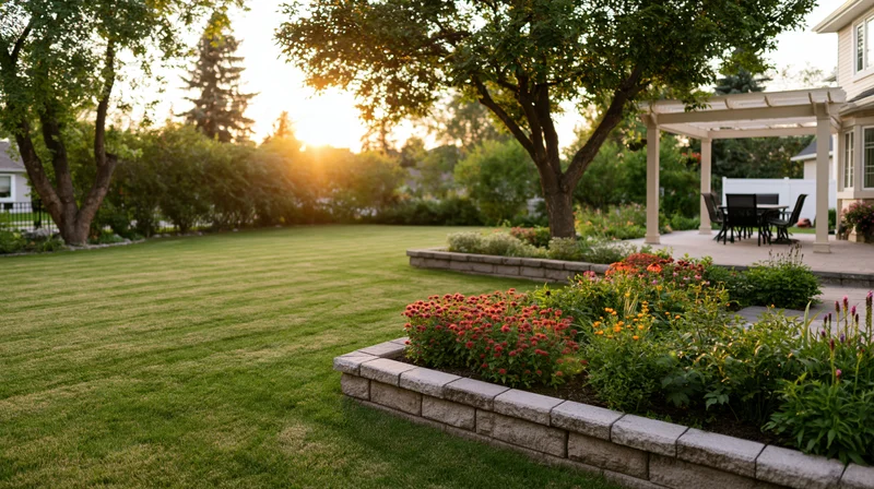 Suburban backyard garden with neatly trimmed lawn and flowerbeds at golden hour