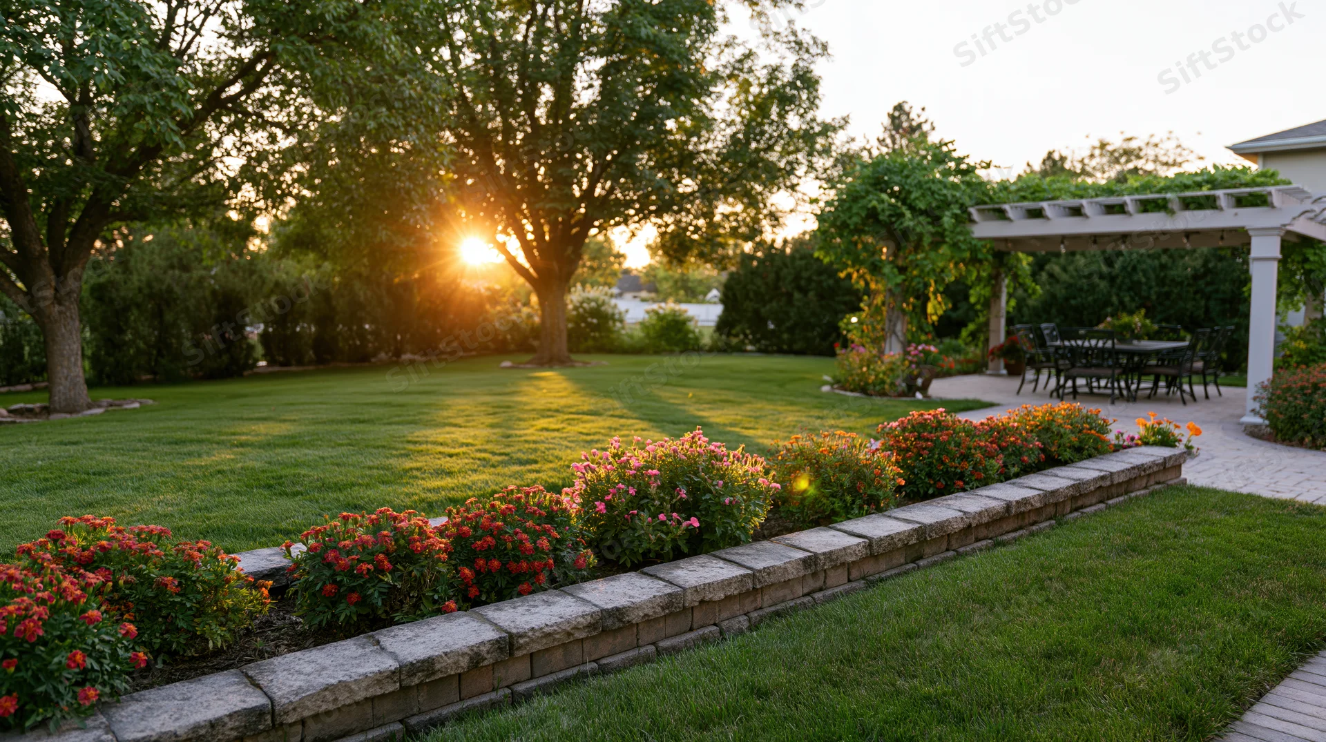 Suburban backyard garden with flowerbeds and pergola at golden hour