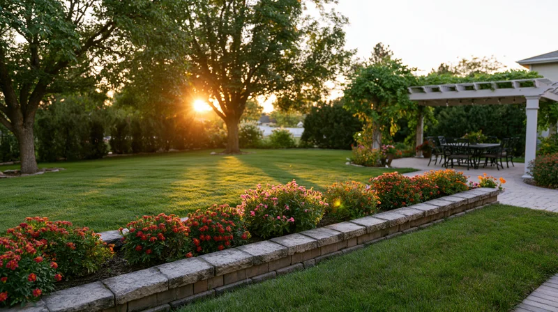 Suburban backyard garden with flowerbeds and pergola at golden hour