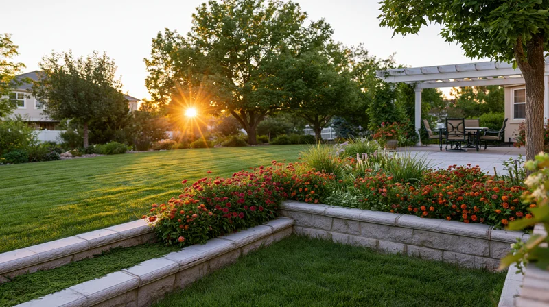 Suburban backyard garden with flowerbeds and pergola at golden hour