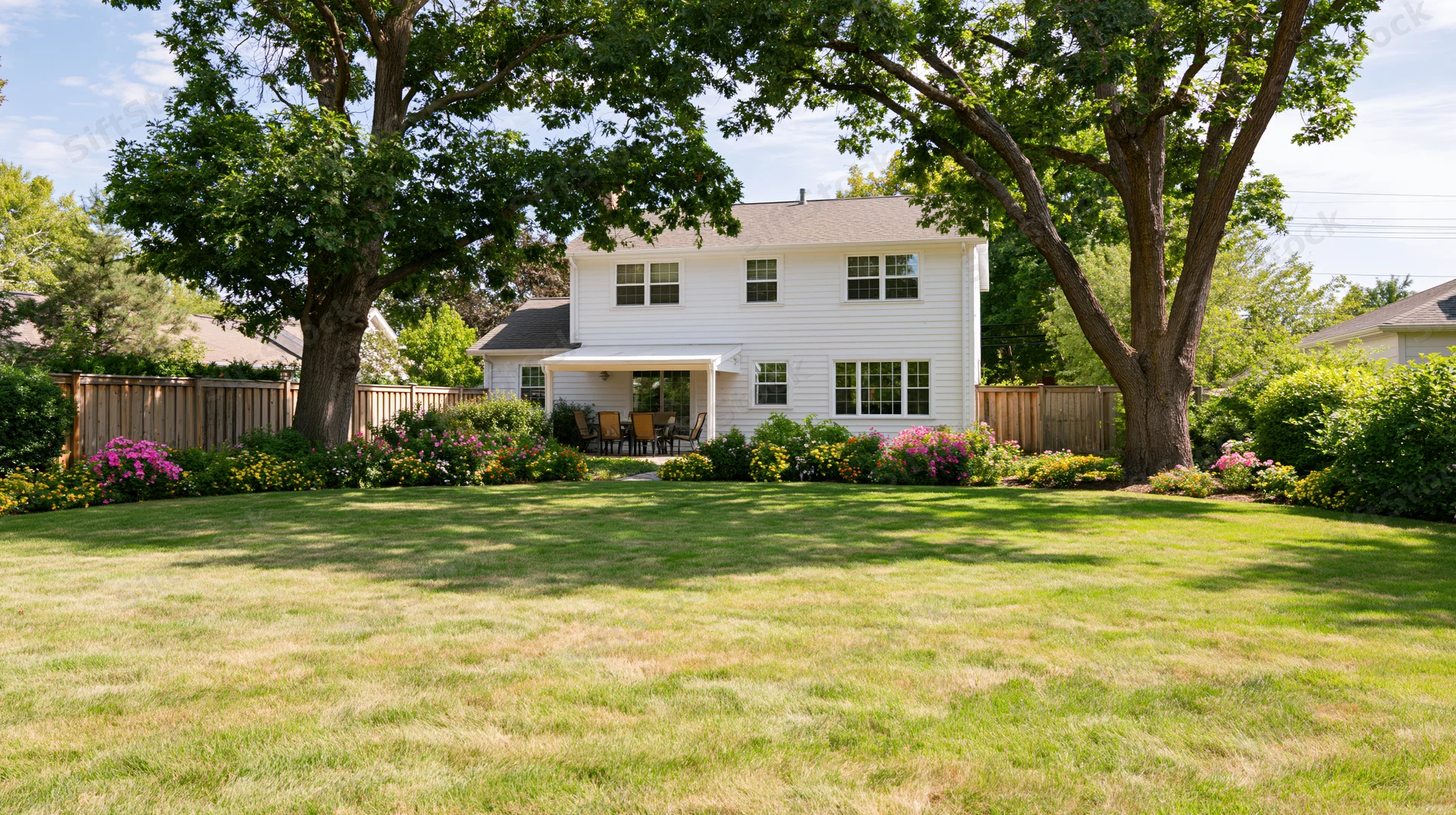 Wide view of a suburban backyard with a white house, green lawn, flowering shrubs, and large trees in summer