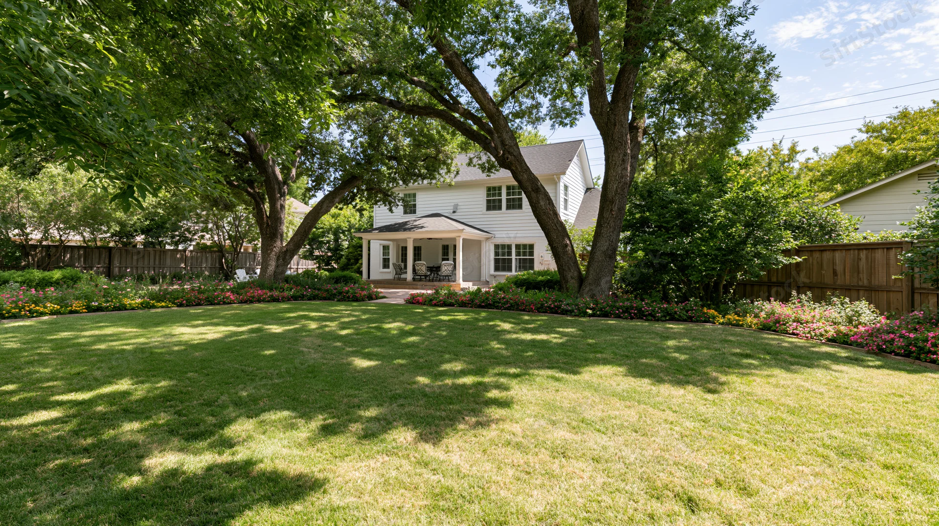 Suburban backyard with green lawn and blooming flowers under large trees near a white house with porch