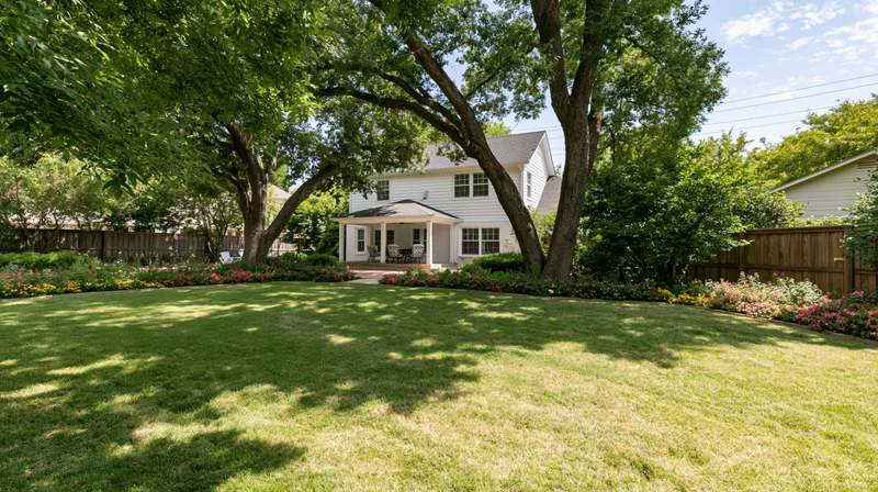 Suburban backyard with green lawn and blooming flowers under large trees near a white house with porch