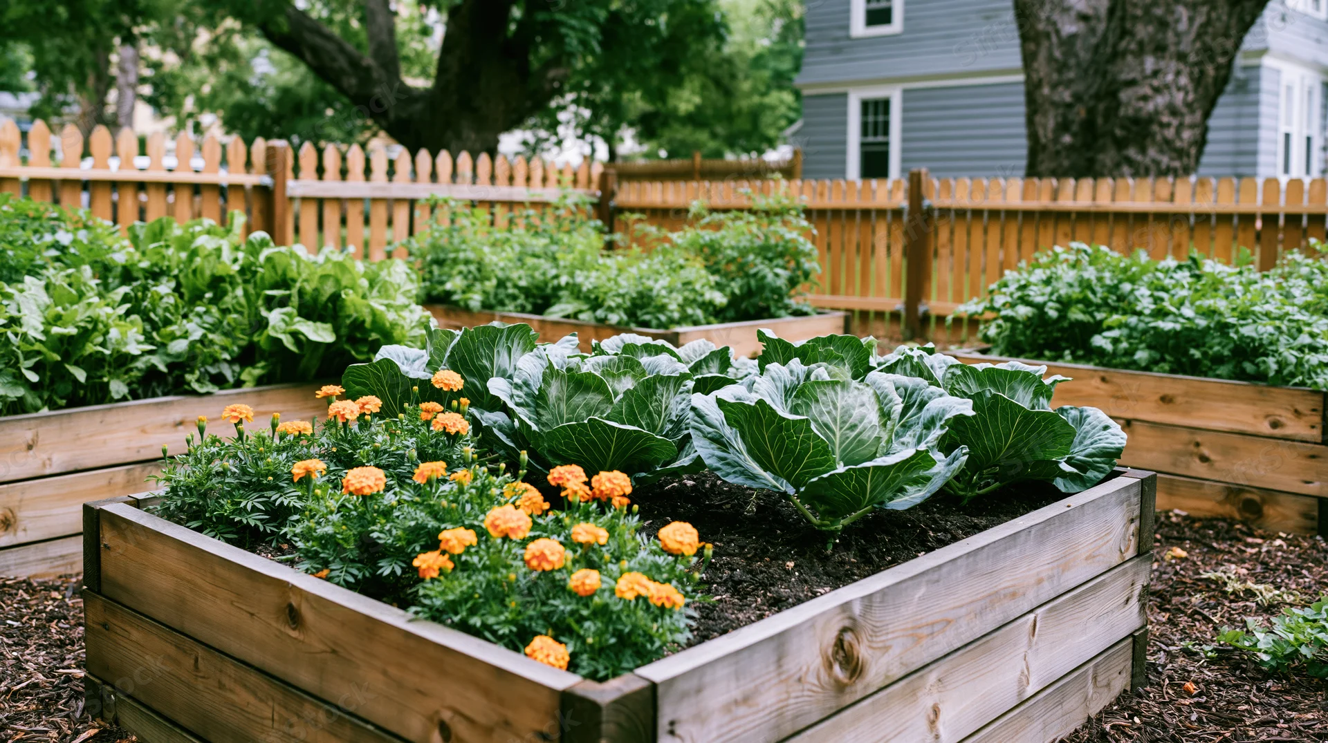Wooden raised beds with cabbage and marigolds in a suburban backyard garden