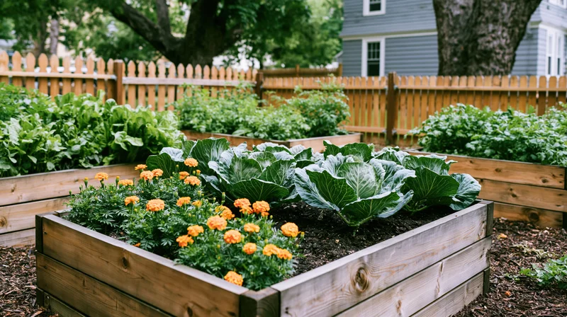 Wooden raised beds with cabbage and marigolds in a suburban backyard garden