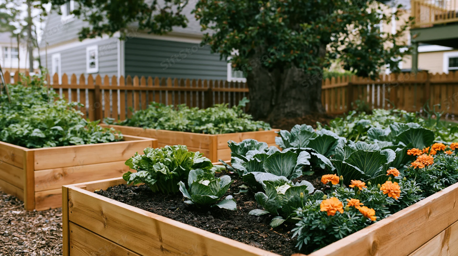 Wooden raised beds filled with leafy vegetables and marigolds in a suburban backyard garden
