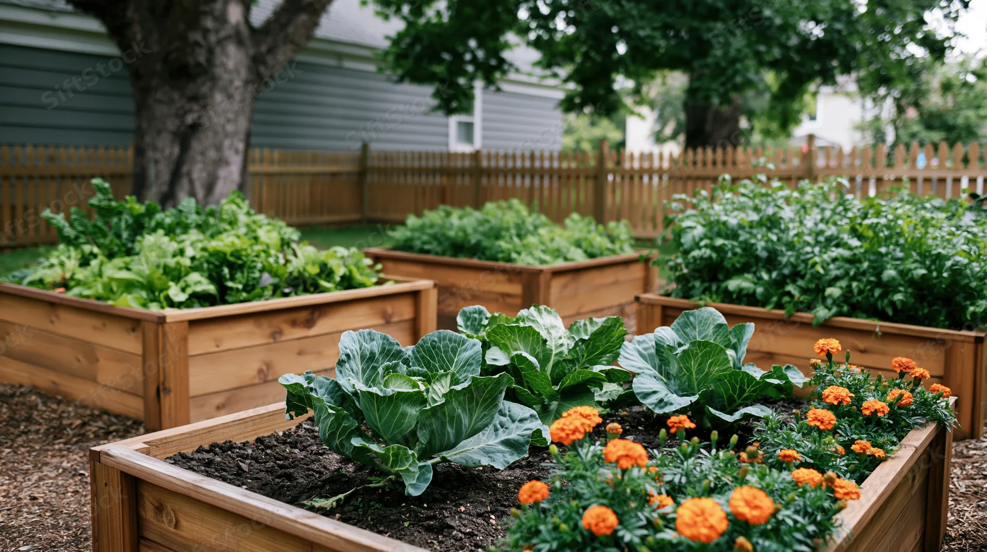 Wooden raised beds with cabbage and marigolds in a suburban backyard garden
