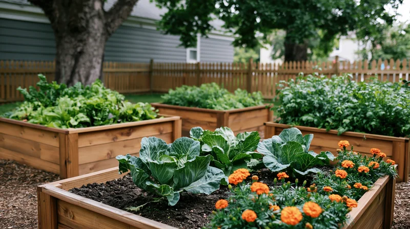 Wooden raised beds with cabbage and marigolds in a suburban backyard garden