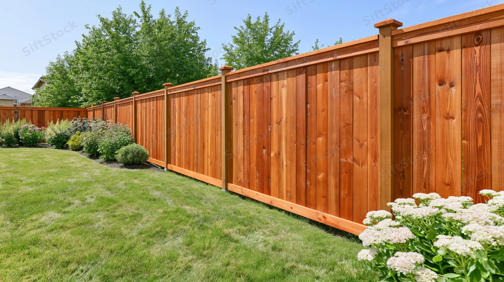 Wooden fence lining a green lawn in a suburban backyard with flowering shrubs and trees in the background
