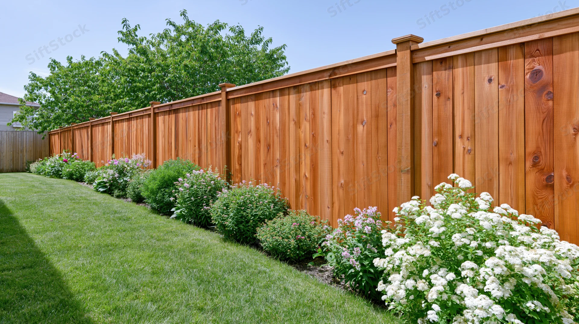 Wooden fence lining a suburban backyard with green lawn and flowering shrubs along the border