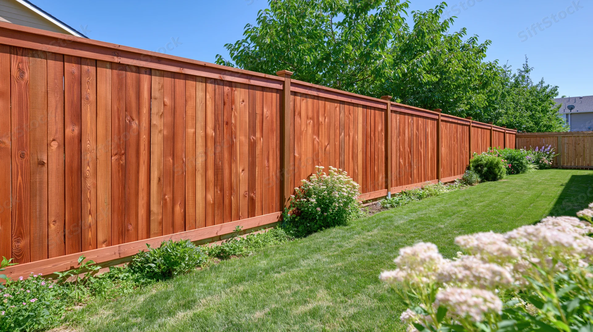 Wooden fence bordering a green lawn in a suburban backyard with shrubs and flowers