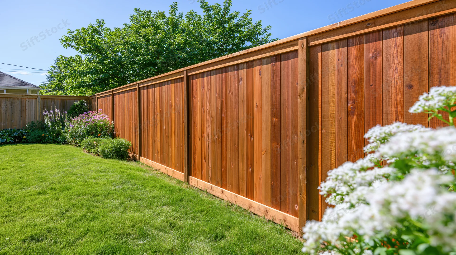 Wooden fence bordering a green lawn in a suburban backyard with flowering plants and trees under a clear blue sky