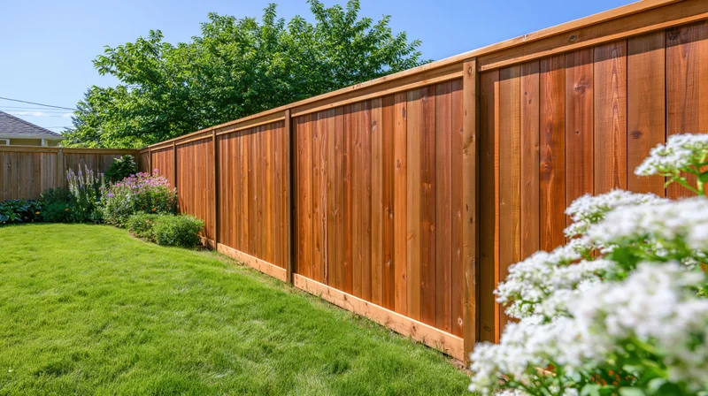 Wooden fence bordering a green lawn in a suburban backyard with flowering plants and trees under a clear blue sky