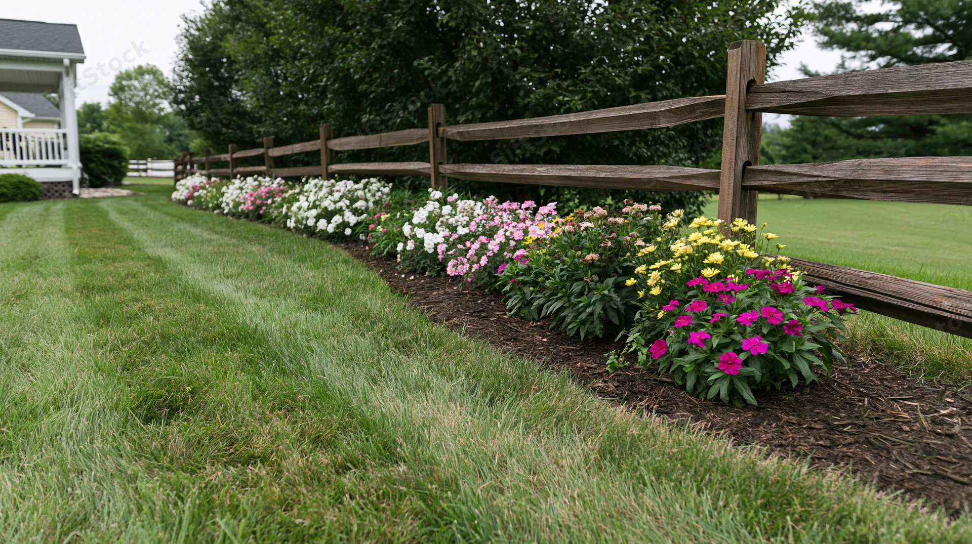 Striped lawn bordered by colorful flowers along wooden fence in suburban backyard