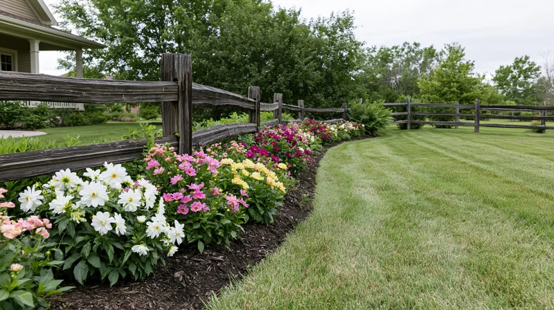 Curved flowerbed with colorful dahlias along wooden fence beside striped lawn in suburban backyard