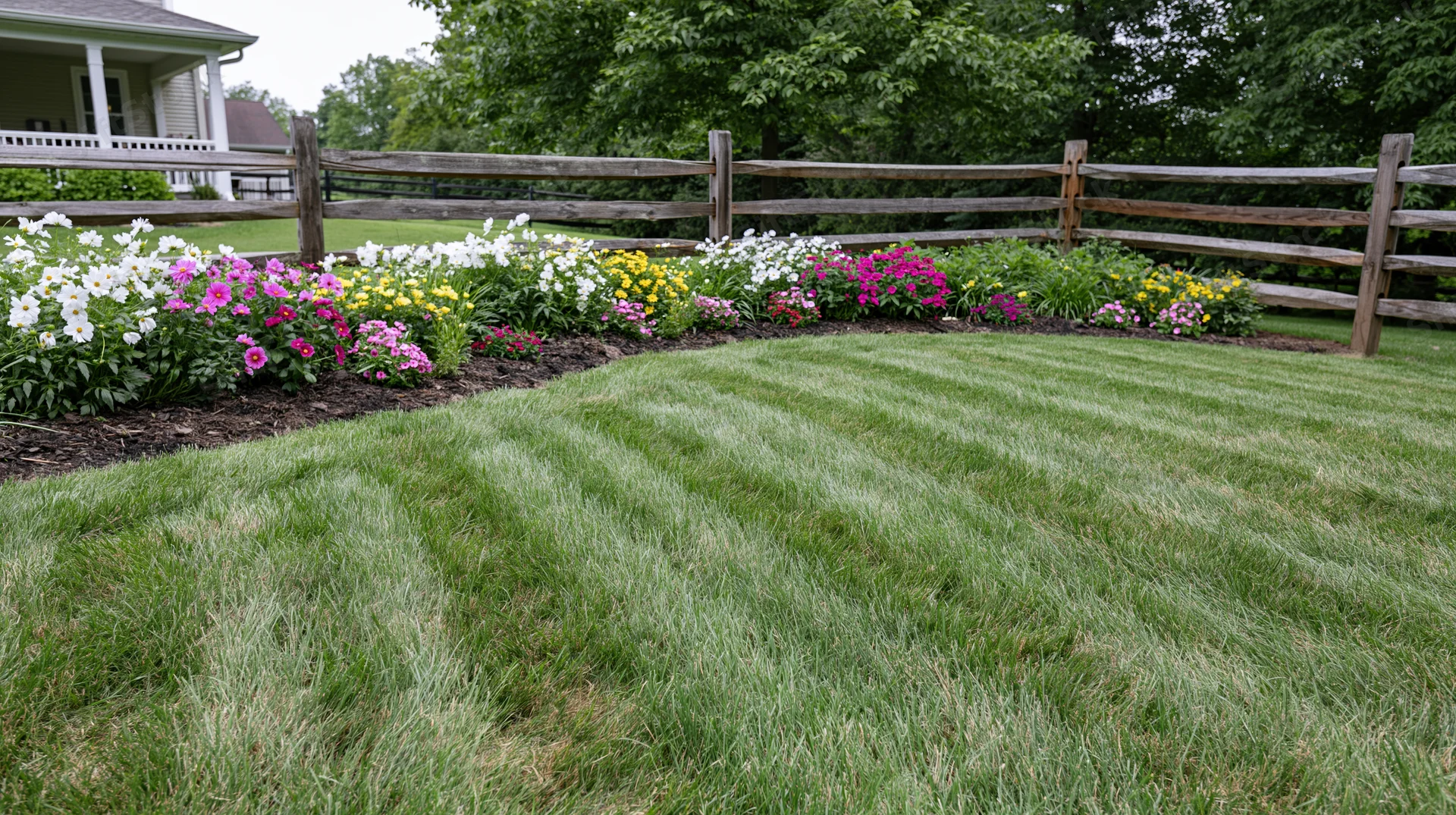Striped lawn in suburban backyard with flowerbed and wooden fence