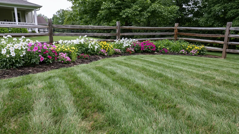 Striped lawn in suburban backyard with flowerbed and wooden fence