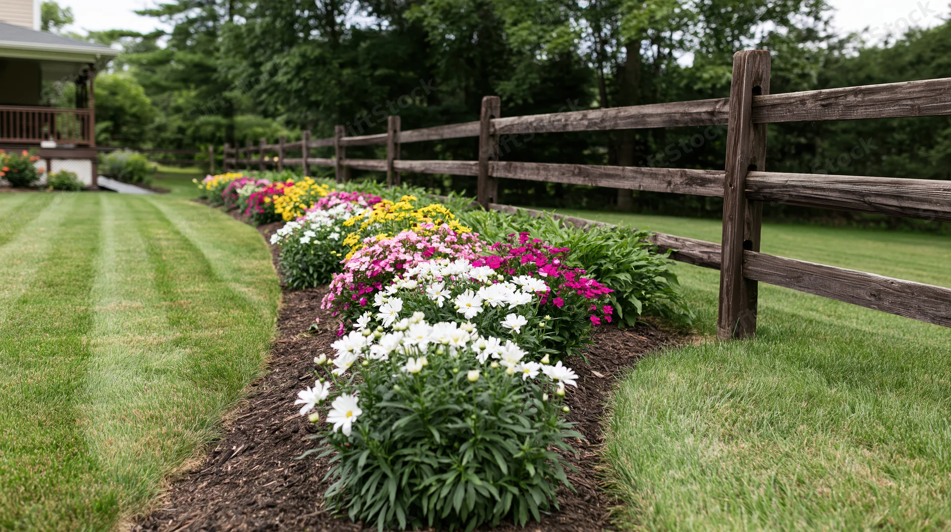 Curved flowerbed with colorful blooms along a wooden fence in a suburban backyard