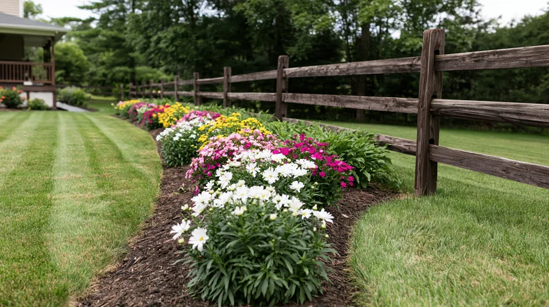 Curved flowerbed with colorful blooms along a wooden fence in a suburban backyard