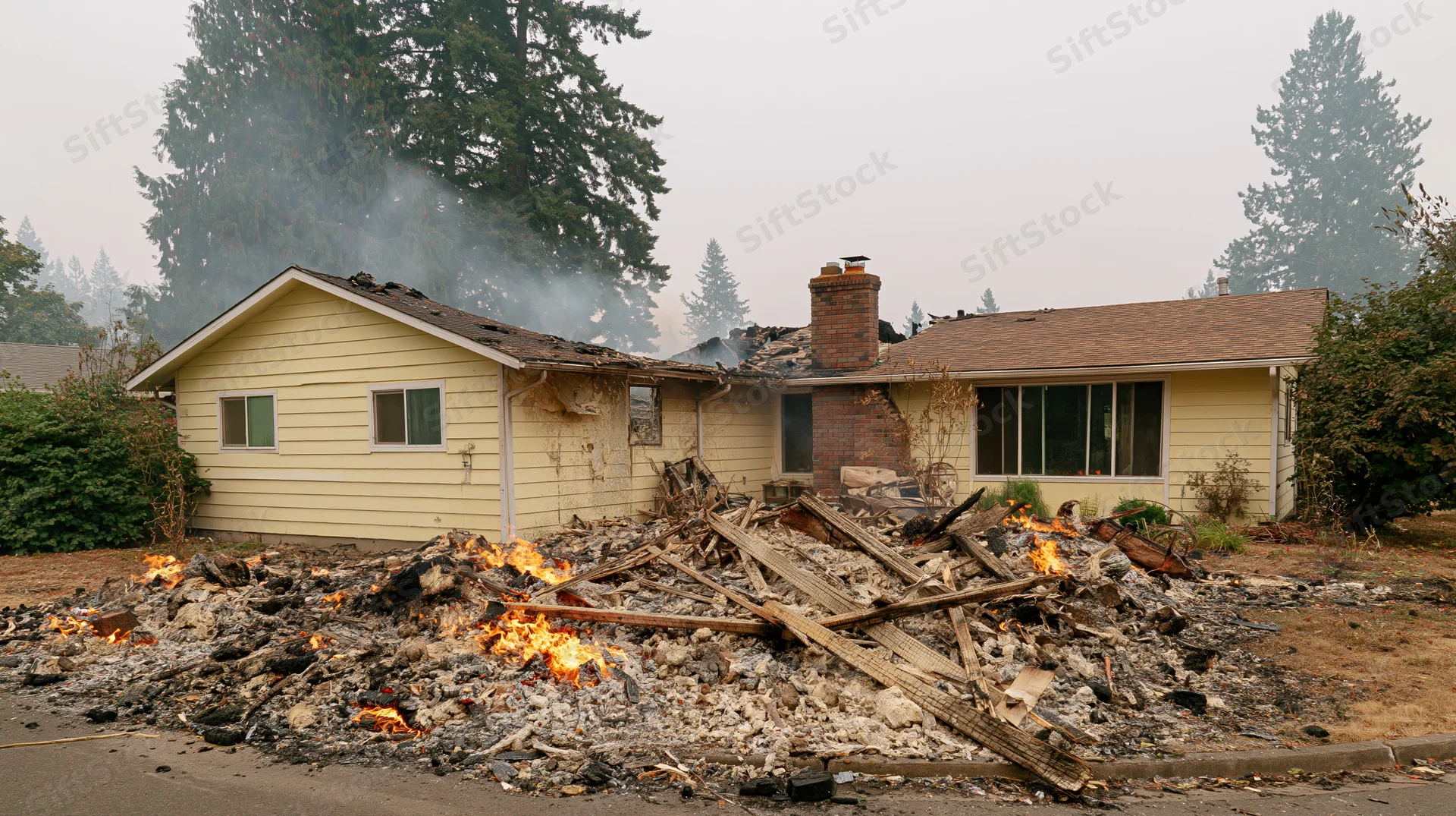 Partially destroyed suburban house with burning debris in front yard