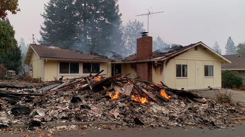 Partially burned suburban single-story house with flames in debris pile in front