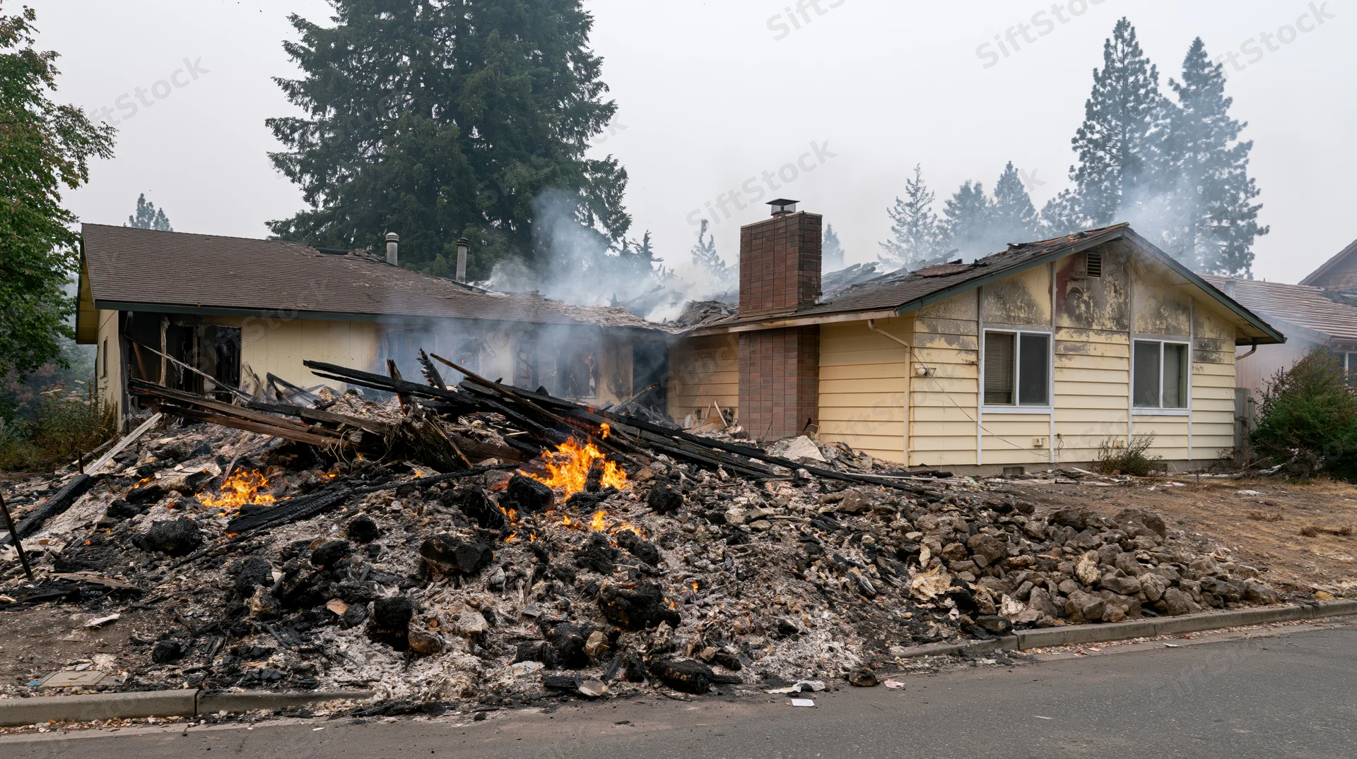 Partially destroyed suburban house with flames and smoke rising from rubble in front yard