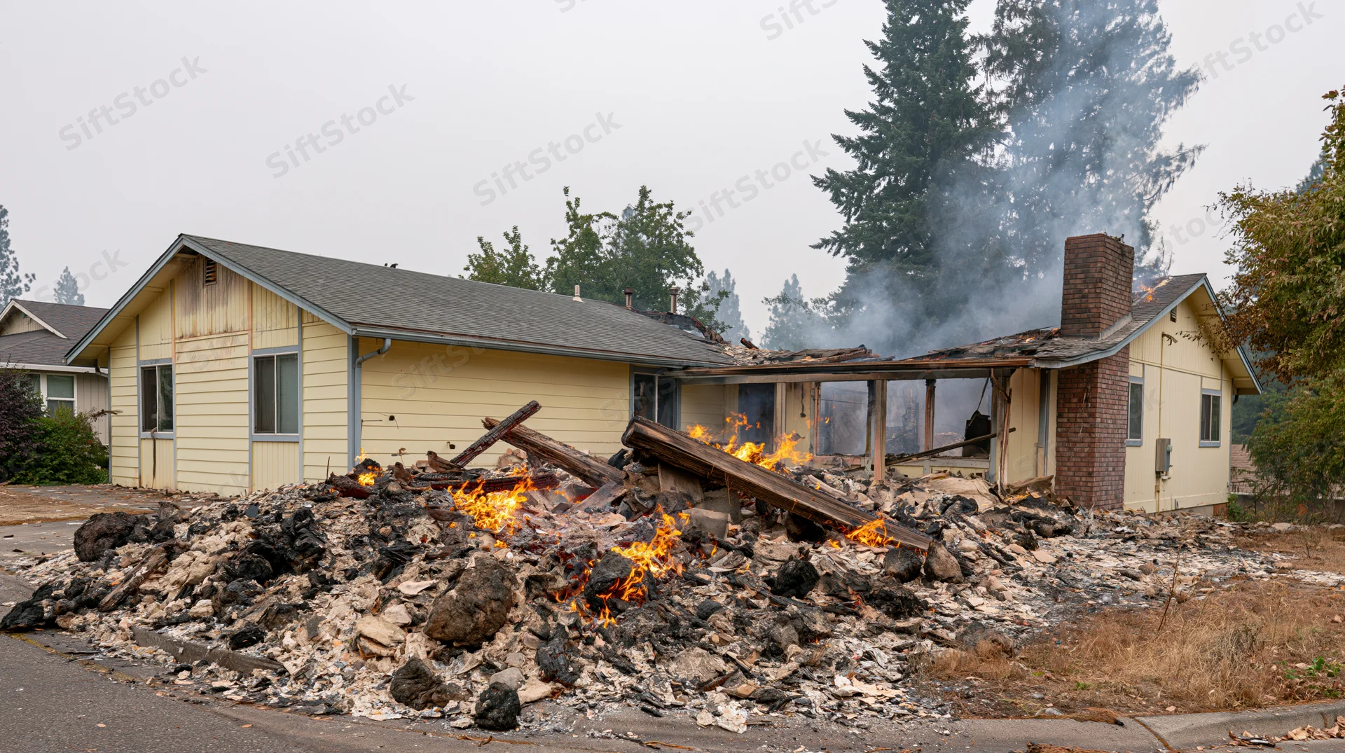 Single-story suburban house with burning debris and smoke in front yard