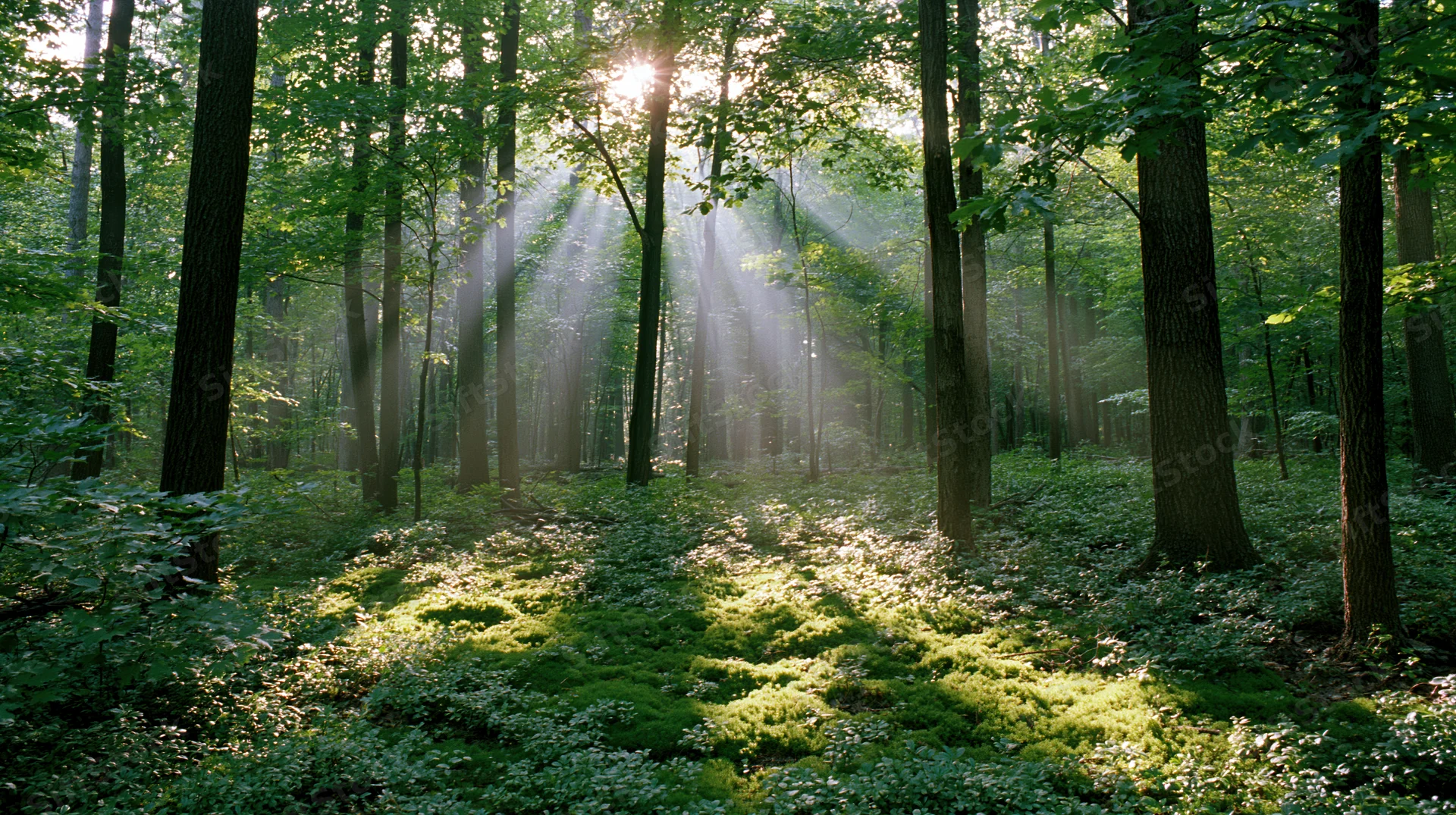 Sunlight breaking through dense deciduous forest canopy onto mossy forest floor