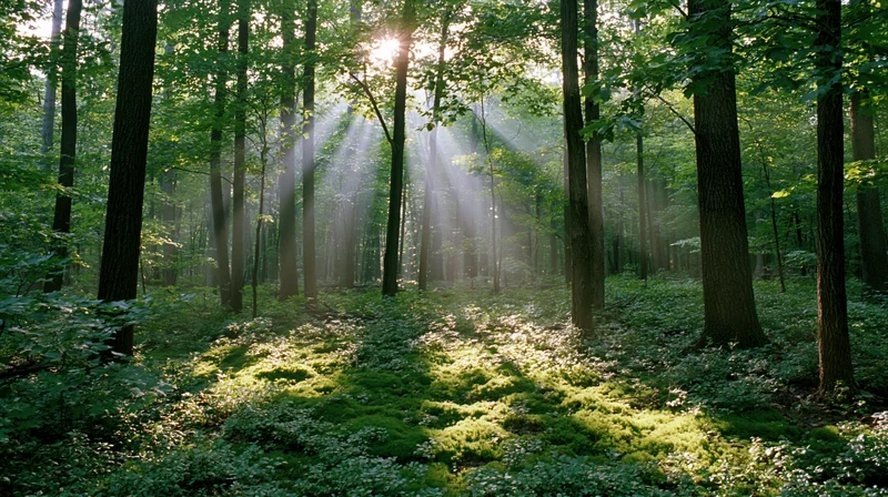 Sunlight breaking through dense deciduous forest canopy onto mossy forest floor