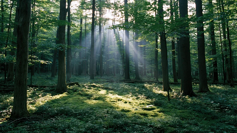 Sunlight breaking through dense deciduous forest canopy onto mossy forest floor