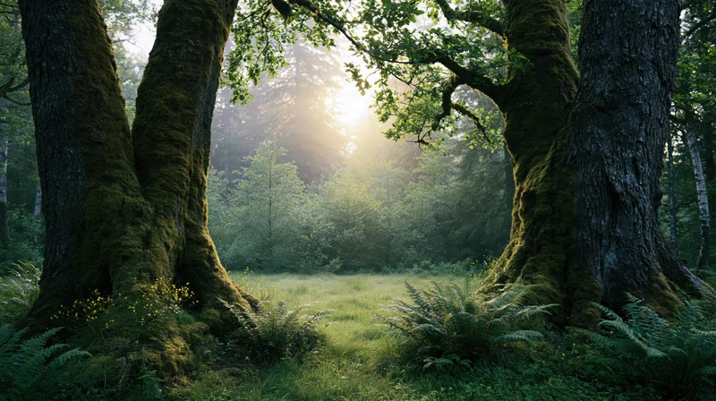 Sunlight breaking through moss-covered trees in a forest clearing at dawn