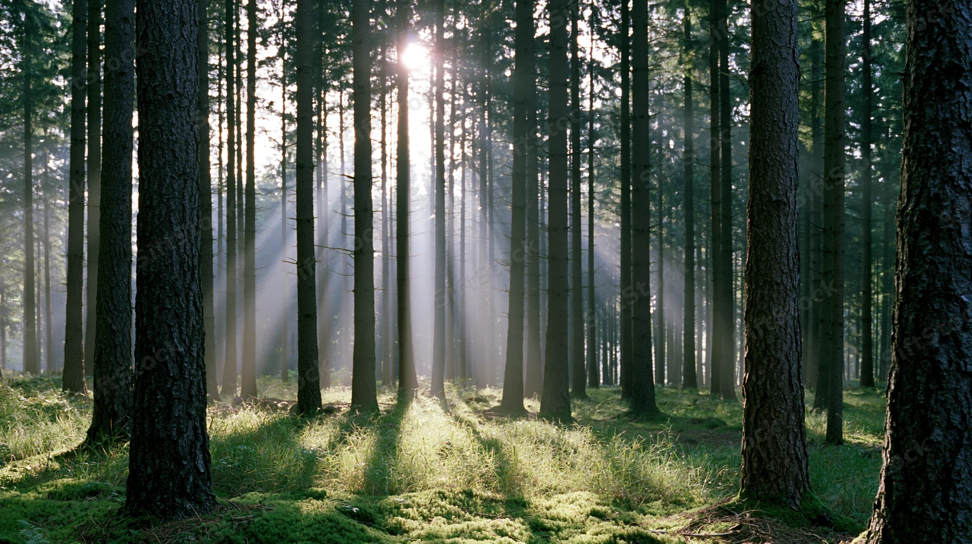 Sunlight streaming through tall conifer trees in a misty temperate forest