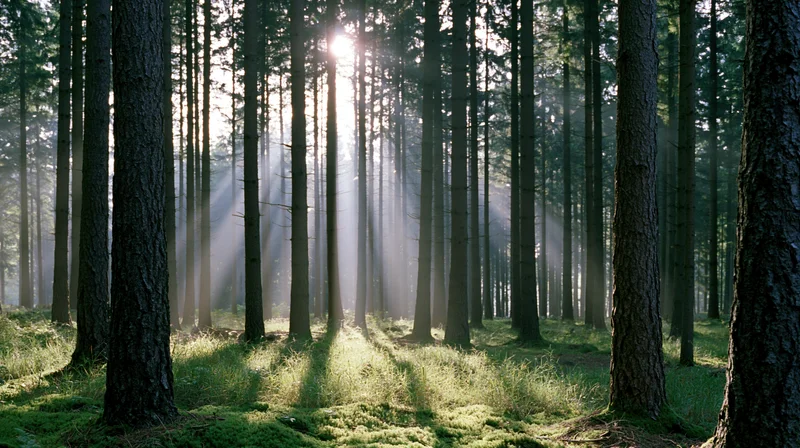 Sunlight through tall conifer trunks in a temperate forest