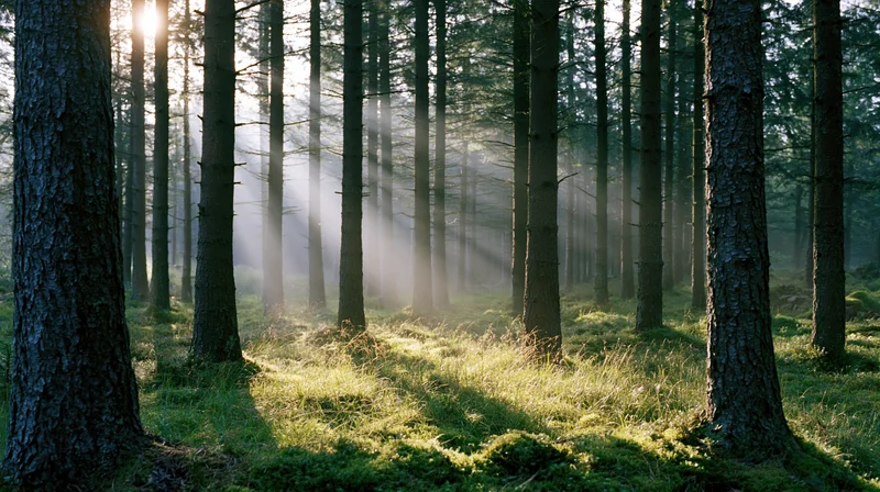 Sunlight streaming through tall conifer trees in a misty temperate forest at dawn