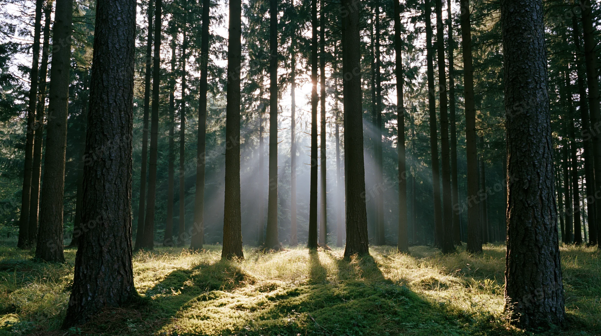 Sunlight streaming through tall conifer trees in a temperate forest