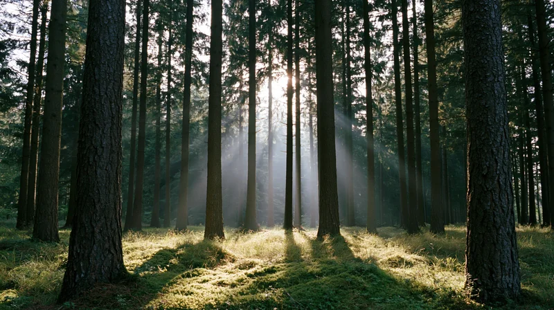 Sunlight streaming through tall conifer trees in a temperate forest