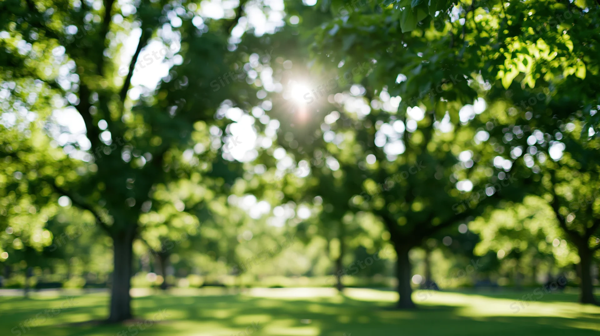 Sunlit park with lush green trees and open grass lawn