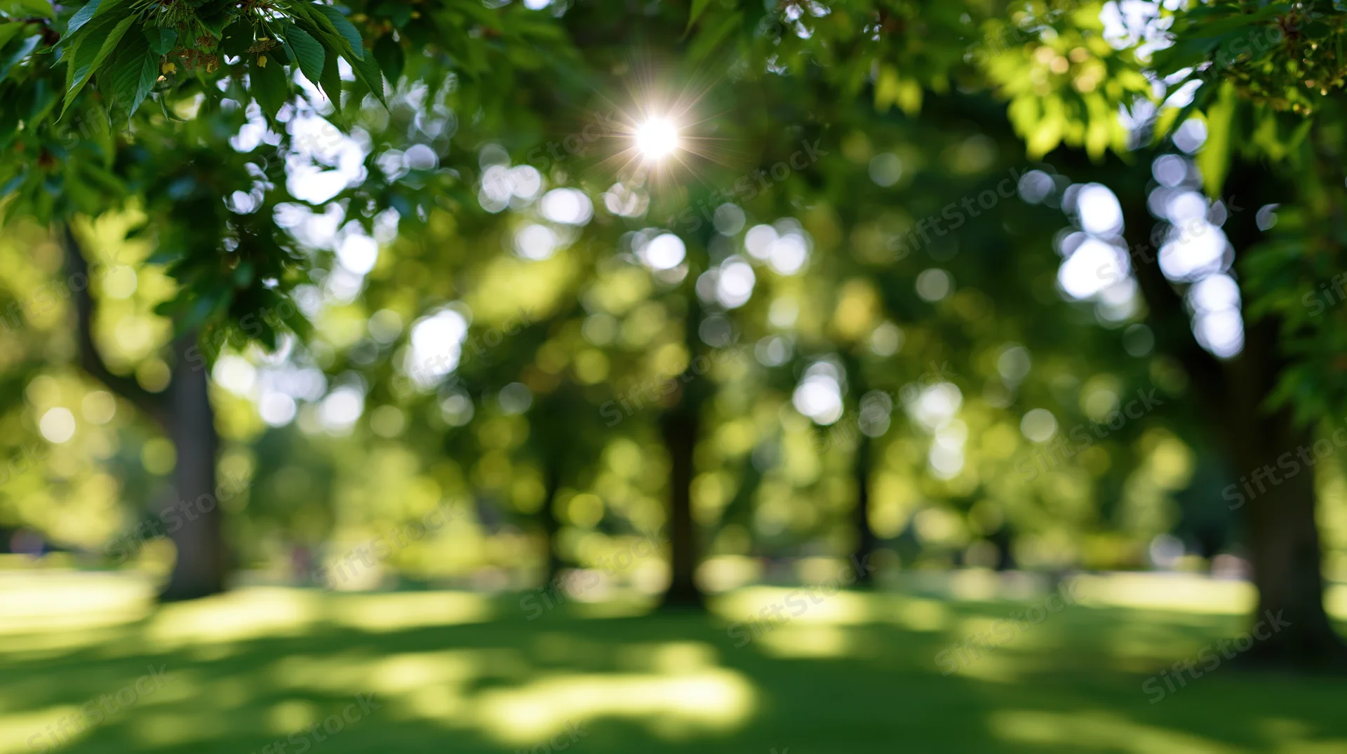 Sunlit park with lush green trees and open grass lawn wide view