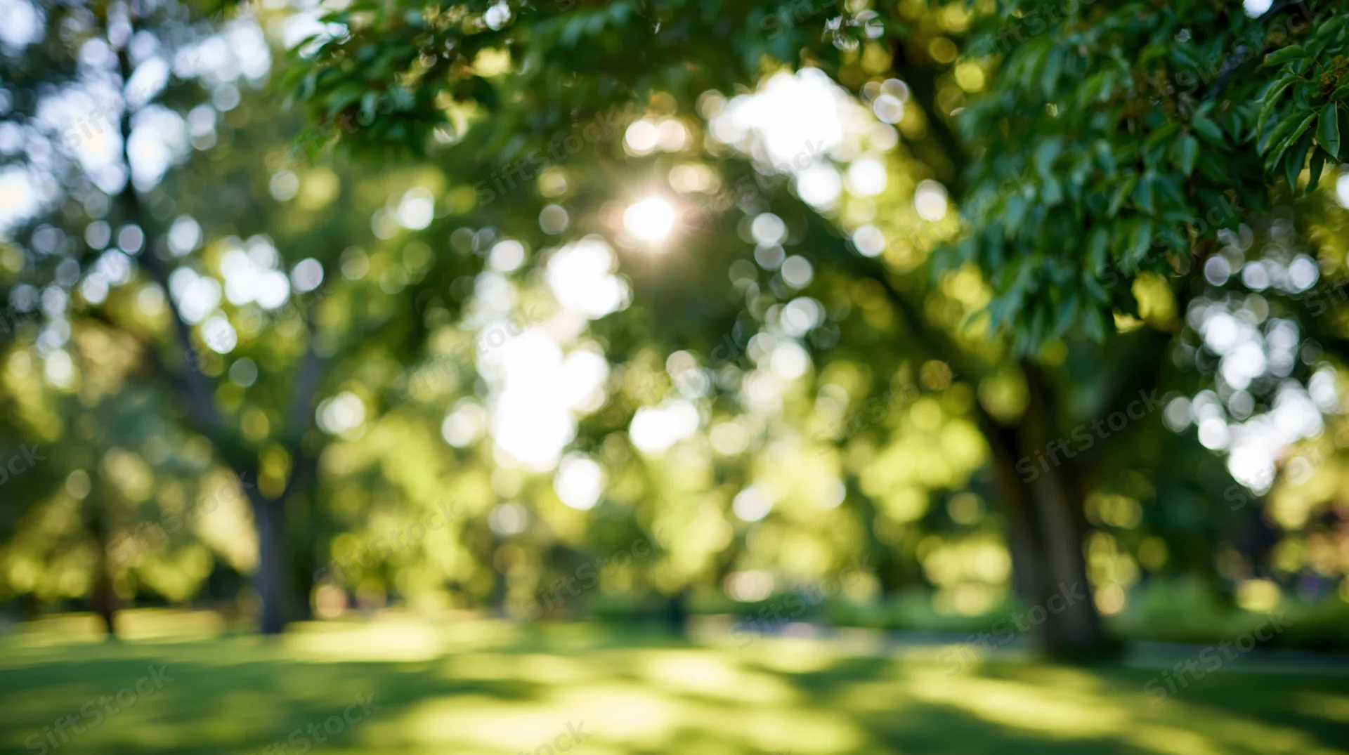 Sunlit park with lush green trees and open grass lawn in summer day