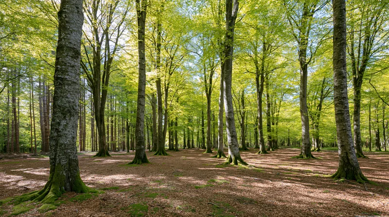 Tall beech trees standing in an open temperate forest with dappled sunlight filtering through the canopy