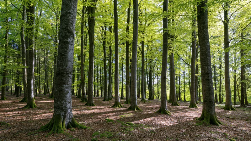 Tall beech trees standing in a sunlit temperate forest with mossy trunks and dappled shadows on the forest floor