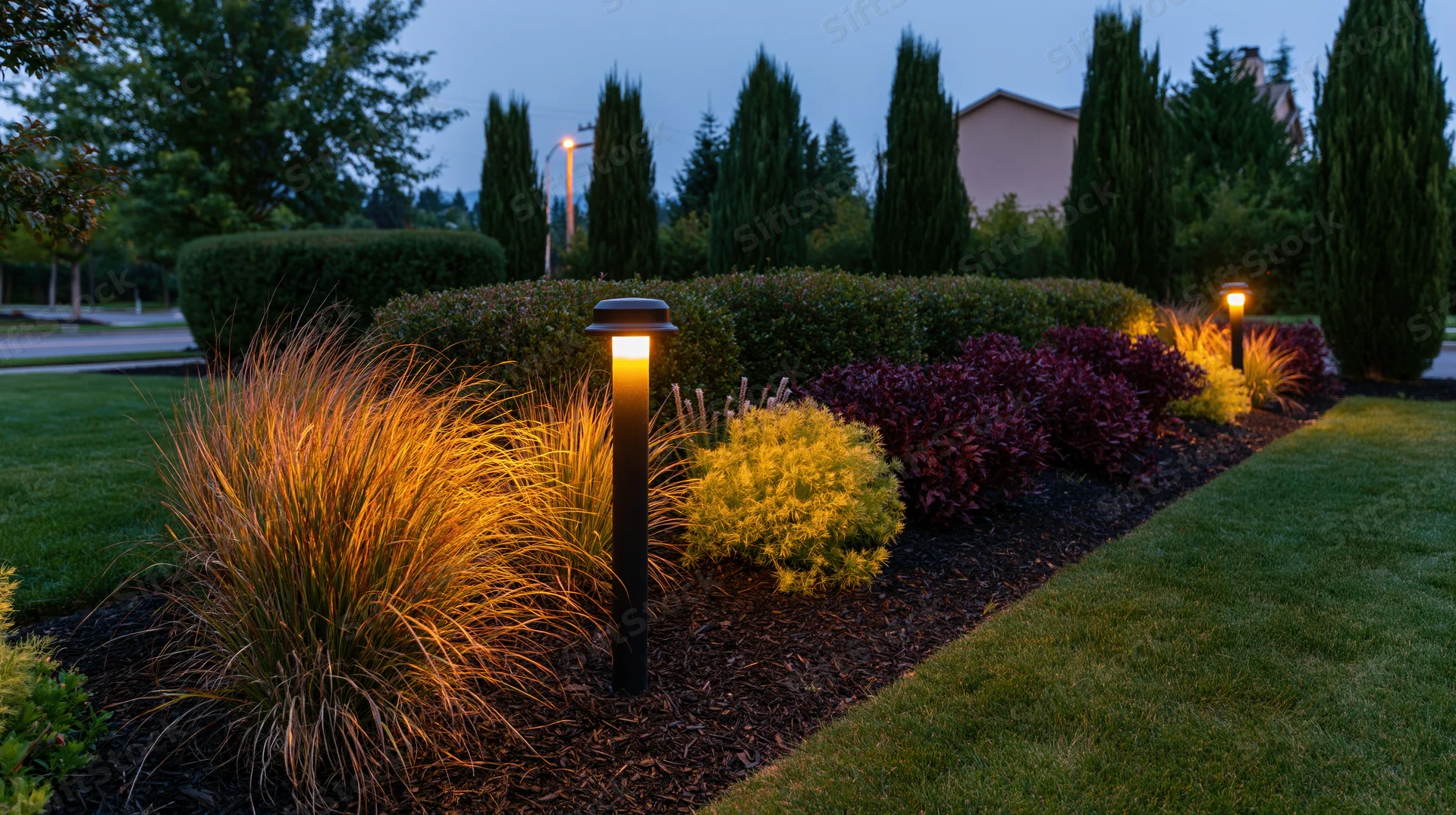 Warm amber bollard lights illuminating a landscaped garden path at dusk