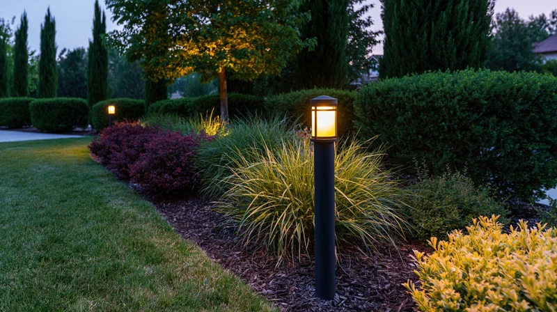Tall black bollard lights glowing warm amber along a landscaped garden pathway at dusk