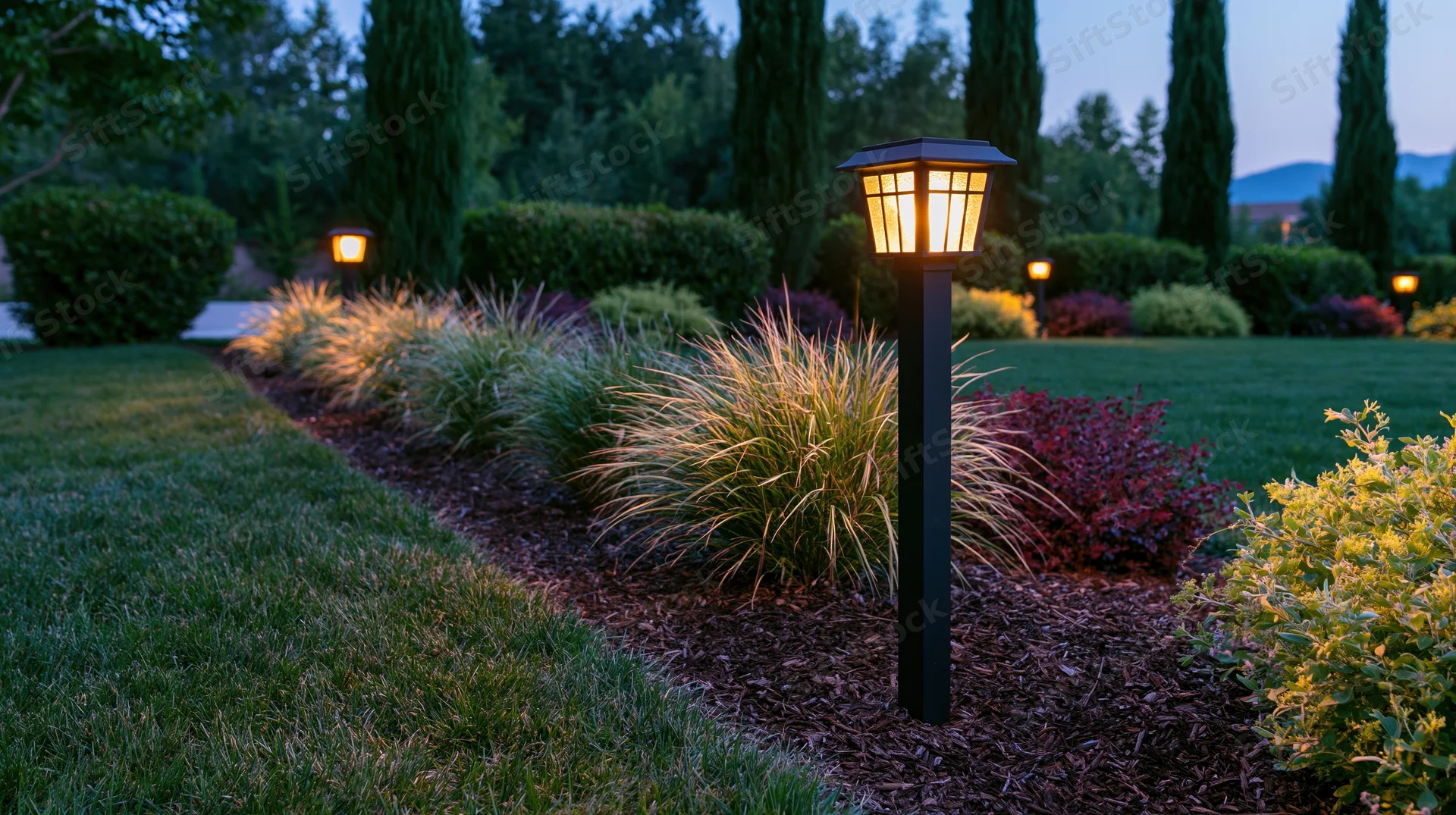 Black bollard path lights glowing warm amber along a landscaped garden path at dusk